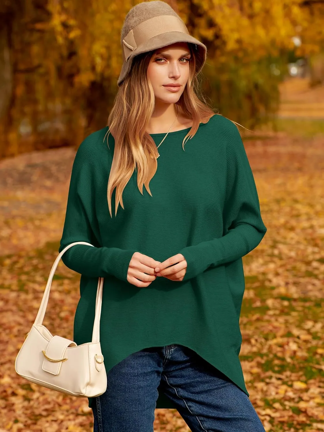 Caracilia Women Boat Neck Batwing Long Sleeve 2024 Fall Oversized Ribbed Knit Pullover Sweaters Baggy Jumper Tunic Tops