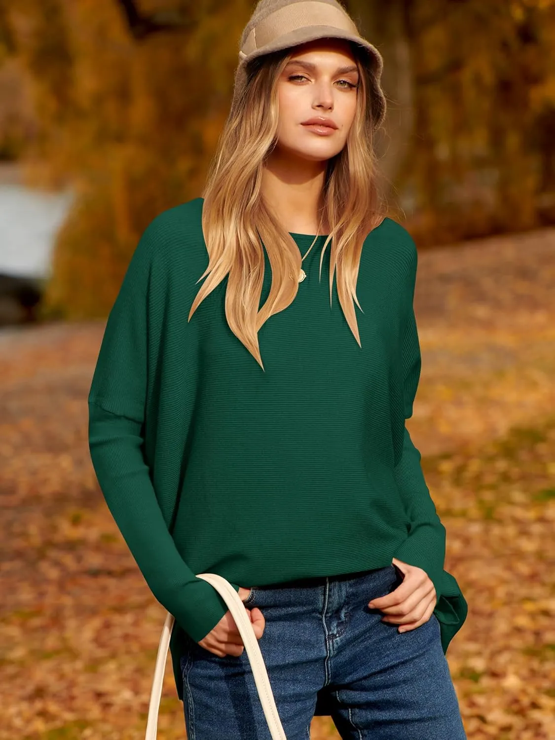 Caracilia Women Boat Neck Batwing Long Sleeve 2024 Fall Oversized Ribbed Knit Pullover Sweaters Baggy Jumper Tunic Tops