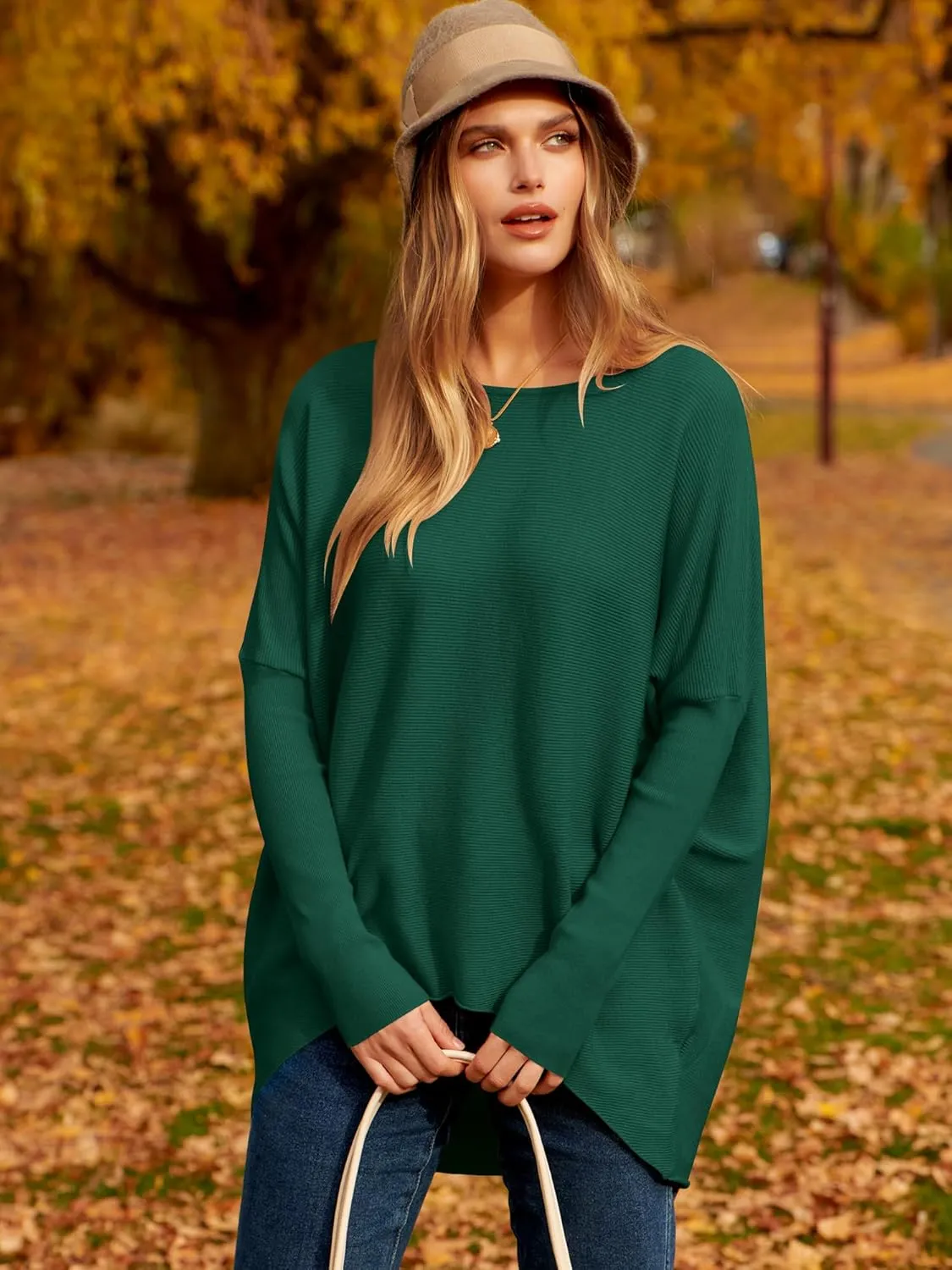 Caracilia Women Boat Neck Batwing Long Sleeve 2024 Fall Oversized Ribbed Knit Pullover Sweaters Baggy Jumper Tunic Tops