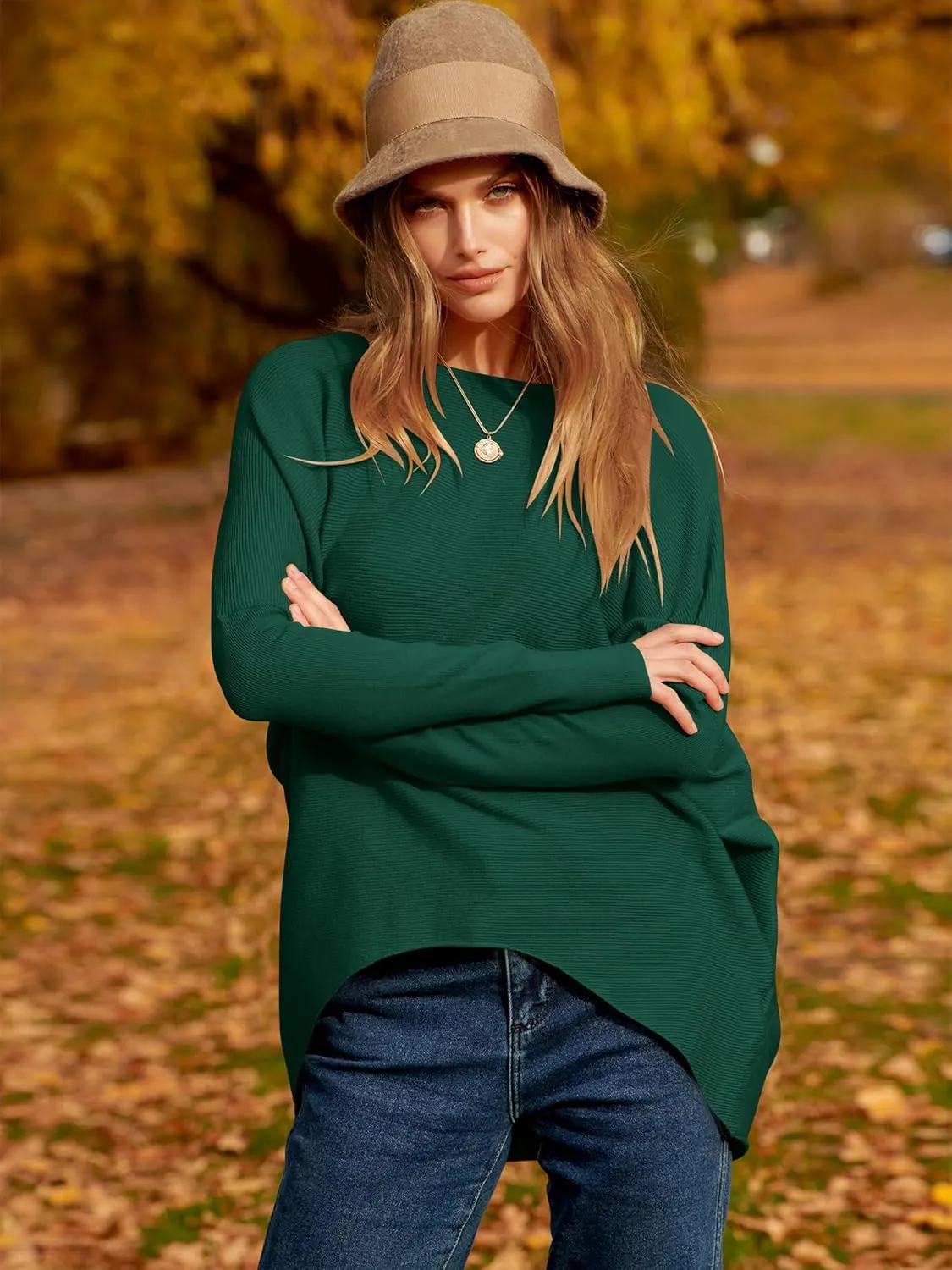 Caracilia Women Boat Neck Batwing Long Sleeve 2024 Fall Oversized Ribbed Knit Pullover Sweaters Baggy Jumper Tunic Tops