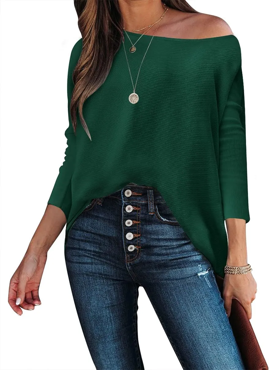 Caracilia Women Boat Neck Batwing Long Sleeve 2024 Fall Oversized Ribbed Knit Pullover Sweaters Baggy Jumper Tunic Tops