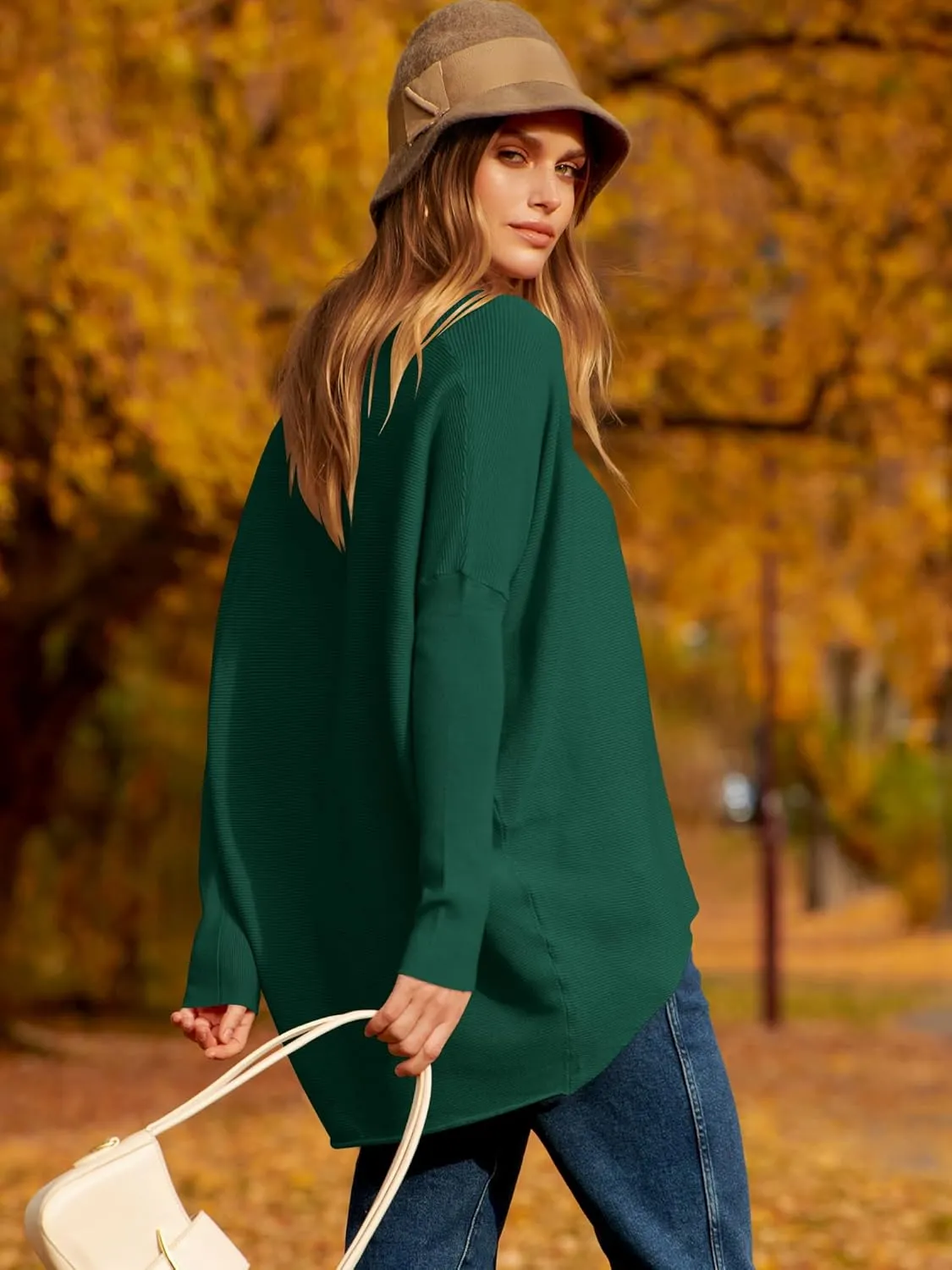 Caracilia Women Boat Neck Batwing Long Sleeve 2024 Fall Oversized Ribbed Knit Pullover Sweaters Baggy Jumper Tunic Tops