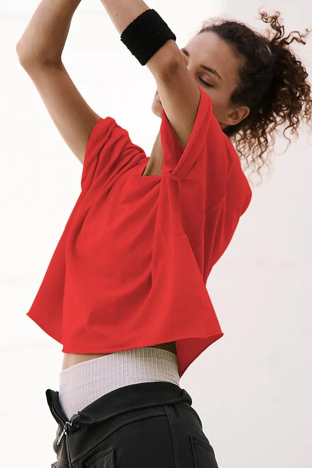 Carpetcom Oversized Workout Shirts for Women Short Sleeve Drop Shoulder Casual Crop Tops Baggy Gym Yoga Athletic Tee