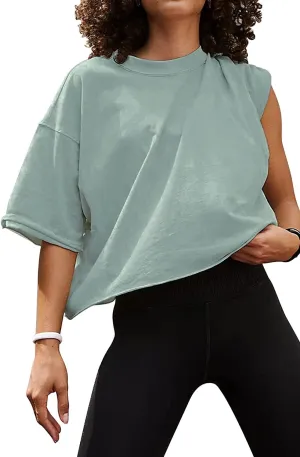 Carpetcom Oversized Workout Shirts for Women Short Sleeve Drop Shoulder Casual Crop Tops Baggy Gym Yoga Athletic Tee