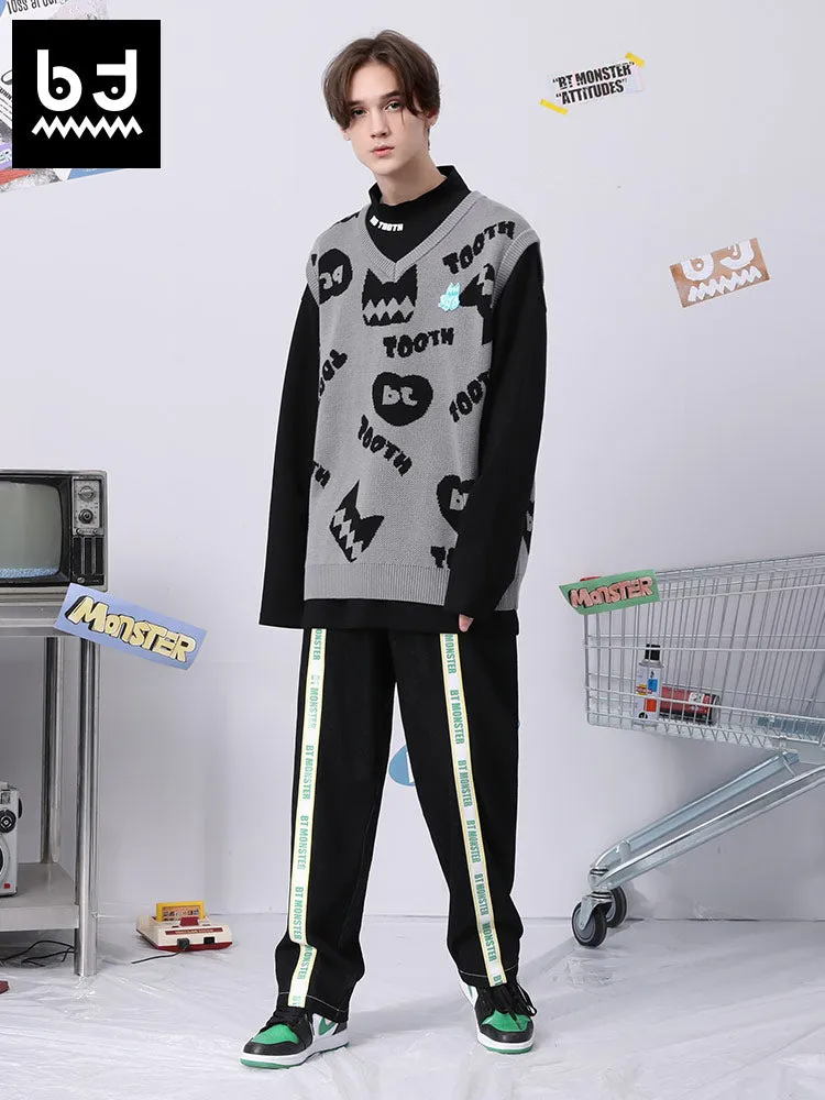 Cartoon love letter jacquard V-neck sleeveless baggy vest sweater