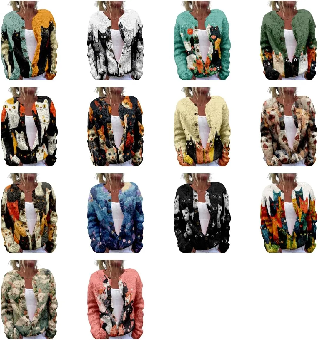 Cat Sweaters for Women Cute Button Up Cardigan Oversized 2024 Fall Fashion Crewneck Dressy Trendy Tunic Sweater