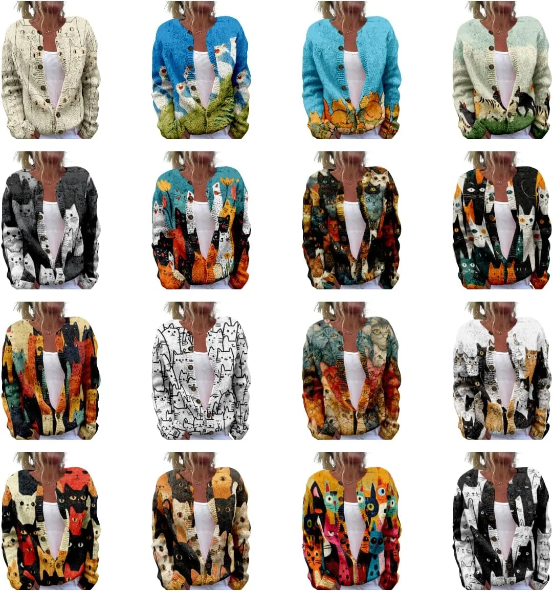 Cat Sweaters for Women Cute Button Up Cardigan Oversized 2024 Fall Fashion Crewneck Dressy Trendy Tunic Sweater