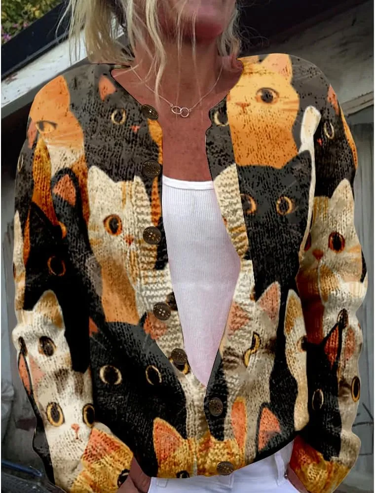 Cat Sweaters for Women Cute Button Up Cardigan Oversized 2024 Fall Fashion Crewneck Dressy Trendy Tunic Sweater