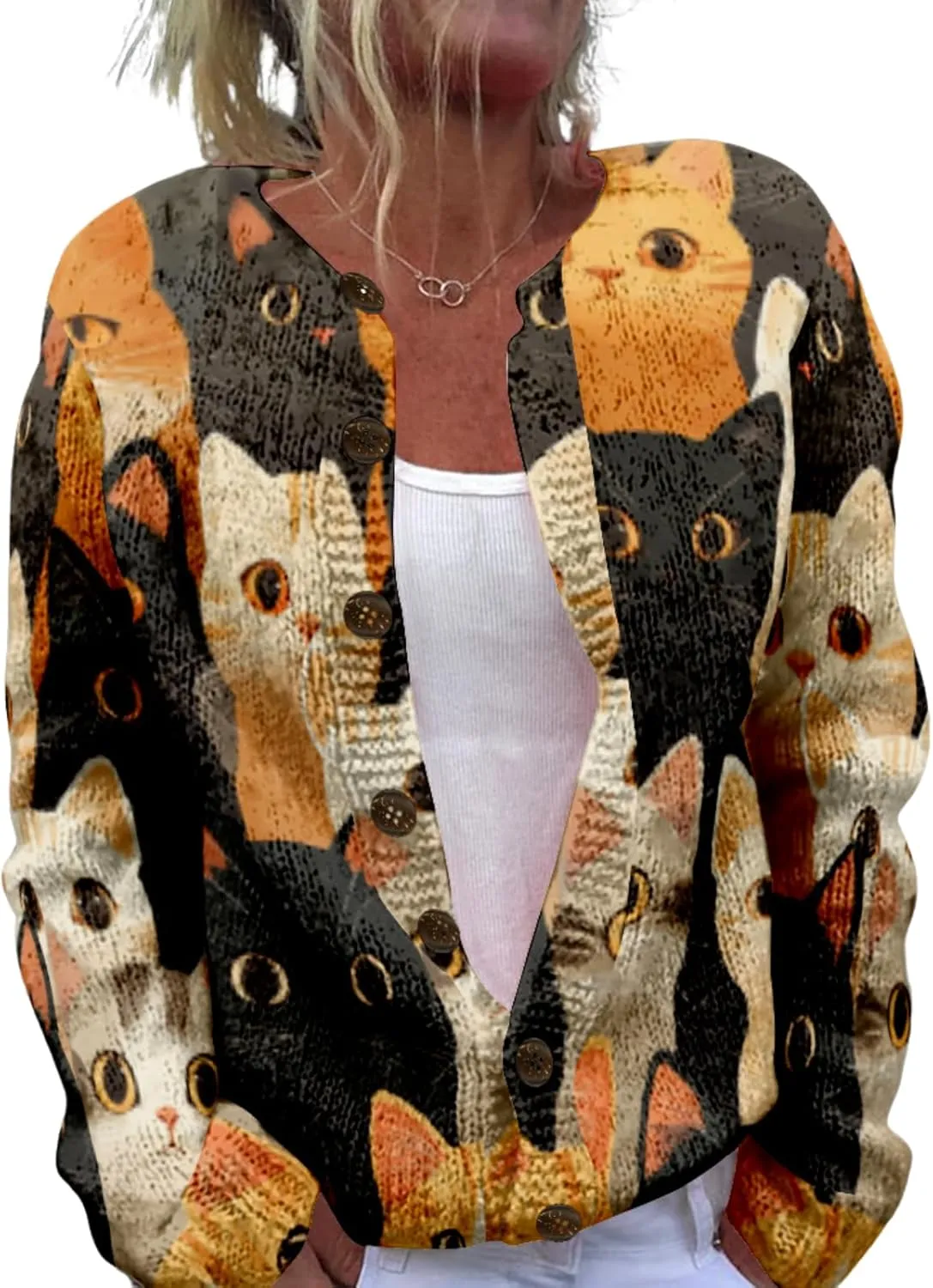 Cat Sweaters for Women Cute Button Up Cardigan Oversized 2024 Fall Fashion Crewneck Dressy Trendy Tunic Sweater