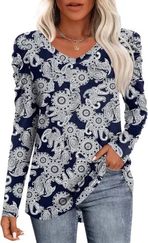 CATHY Women's Long Puff Sleeve V Neck Tunic Tops Casual Tshirt Basic Blouse Loose Tee For Legging