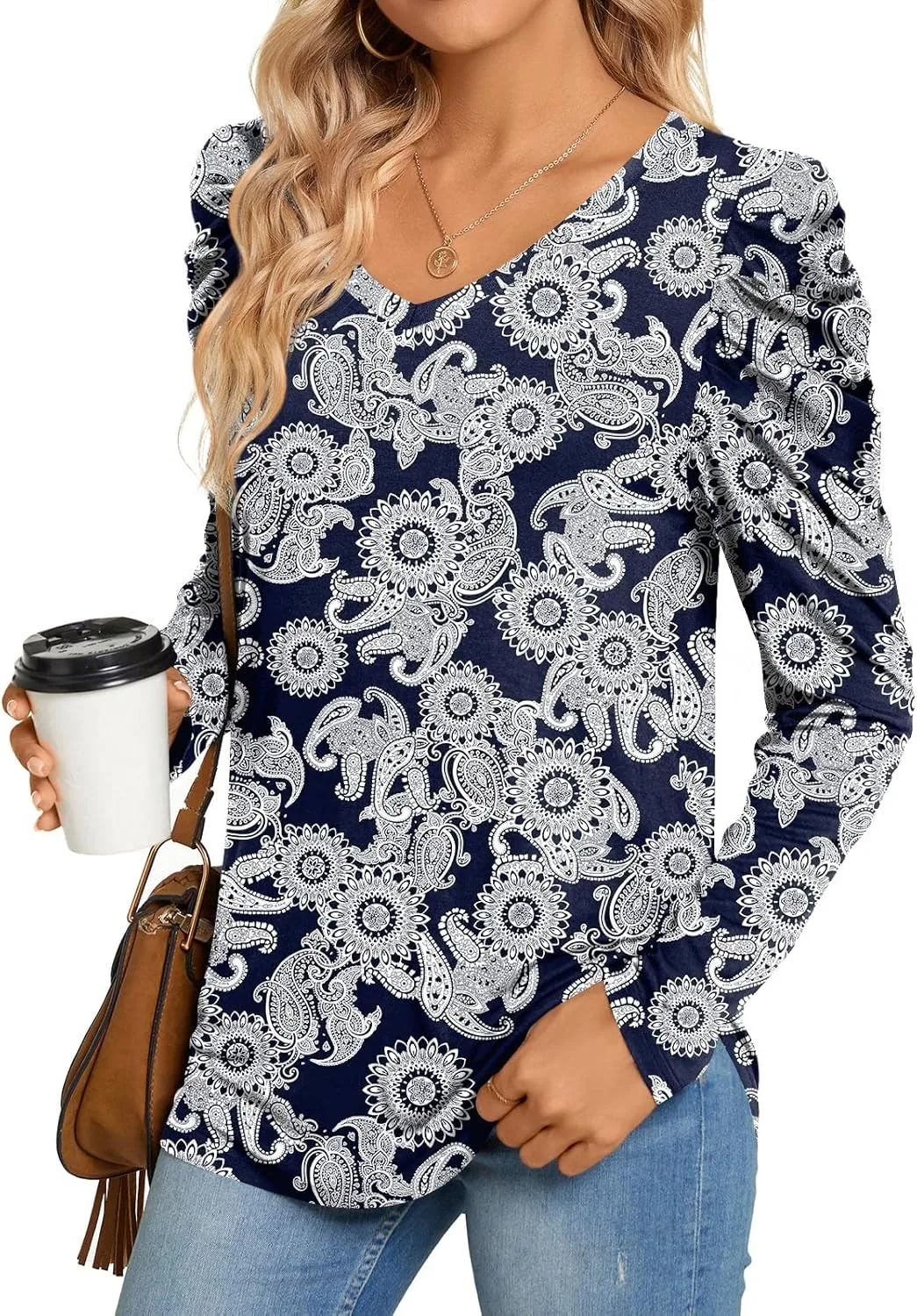 CATHY Women's Long Puff Sleeve V Neck Tunic Tops Casual Tshirt Basic Blouse Loose Tee For Legging