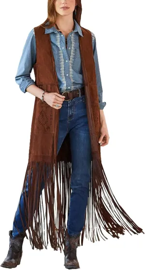 cffvdiz Women's 70S Outfits Western Fringe Vest Faux Suede Slim Sleeveless Long Vest Cardigan Shawl Jacket