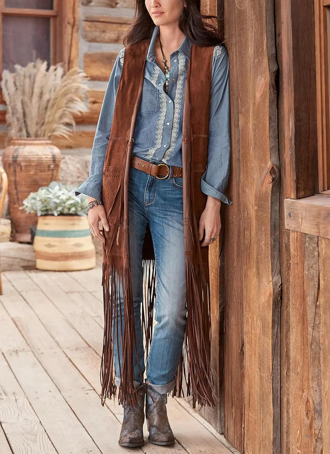 cffvdiz Women's 70S Outfits Western Fringe Vest Faux Suede Slim Sleeveless Long Vest Cardigan Shawl Jacket
