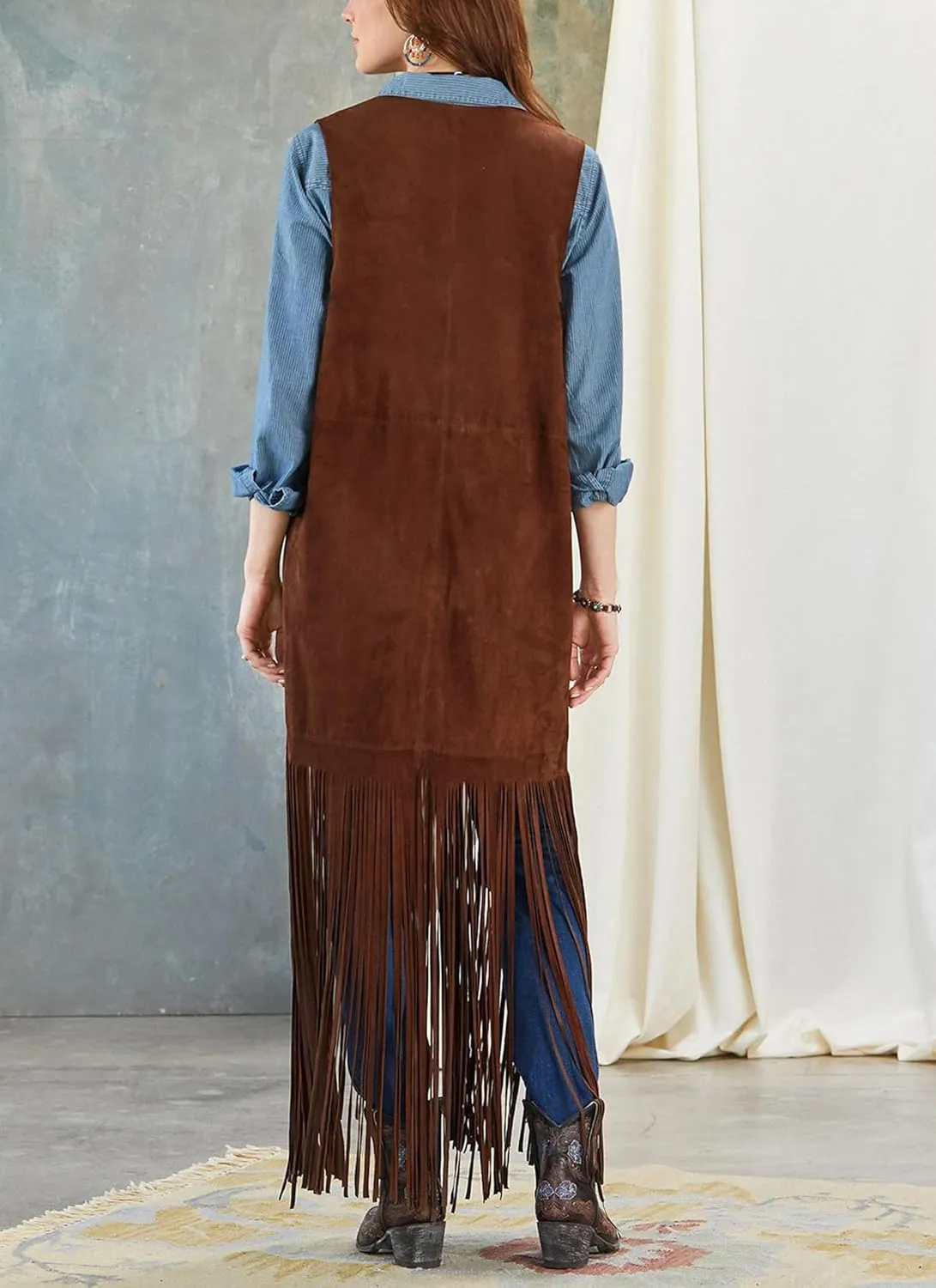 cffvdiz Women's 70S Outfits Western Fringe Vest Faux Suede Slim Sleeveless Long Vest Cardigan Shawl Jacket