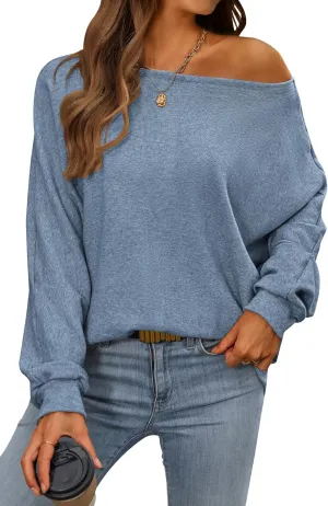 CFLONGE Fall Sweaters for Women 2024 Casual Pullover Off The Shoulder Sweater Batwing Long Sleeve Sweatshirt Knit Jumper Tops