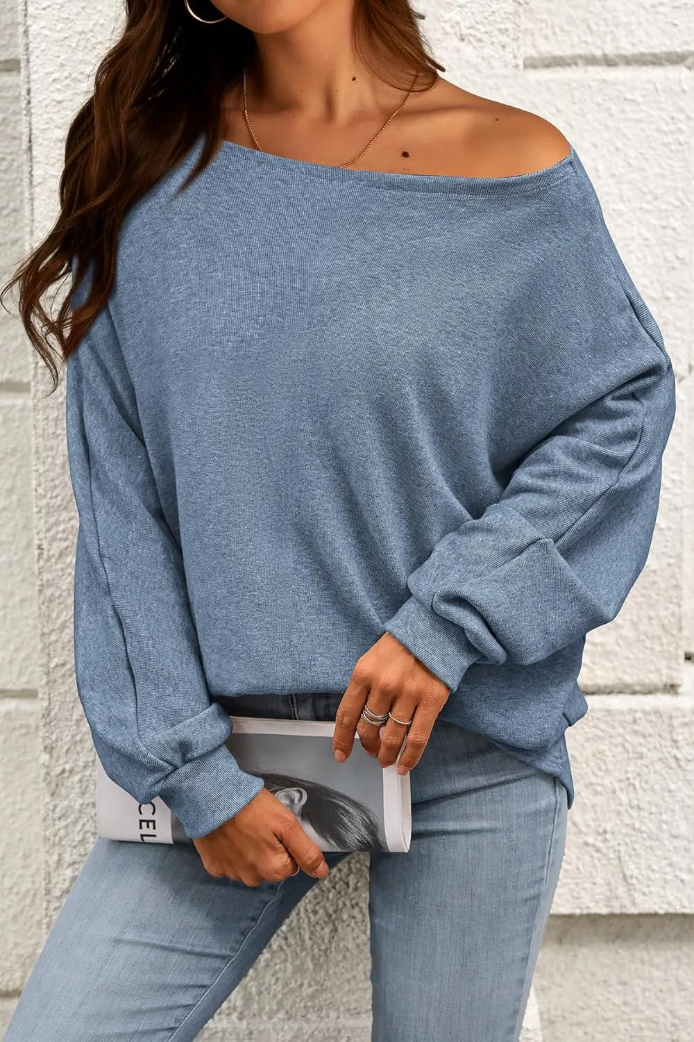 CFLONGE Fall Sweaters for Women 2024 Casual Pullover Off The Shoulder Sweater Batwing Long Sleeve Sweatshirt Knit Jumper Tops