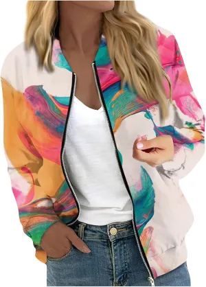 ChicCrate Bomber Jacket Women 2025 Long Sleeve Stand Collar Fall Jackets Lightweight Causal Floral Zip Up Coats