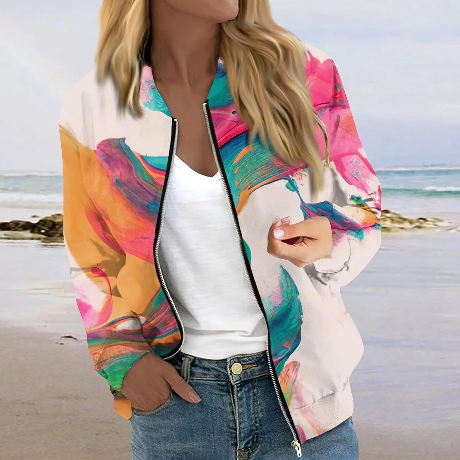 ChicCrate Bomber Jacket Women 2025 Long Sleeve Stand Collar Fall Jackets Lightweight Causal Floral Zip Up Coats