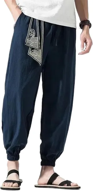 Chinese Style Retro Auspicious Clouds Print Pants Men Clothing Autumn Clothes Loose Casual Hemp Harem Pants