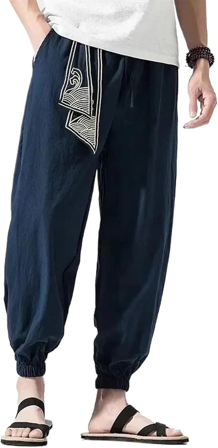 Chinese Style Retro Auspicious Clouds Print Pants Men Clothing Autumn Clothes Loose Casual Hemp Harem Pants