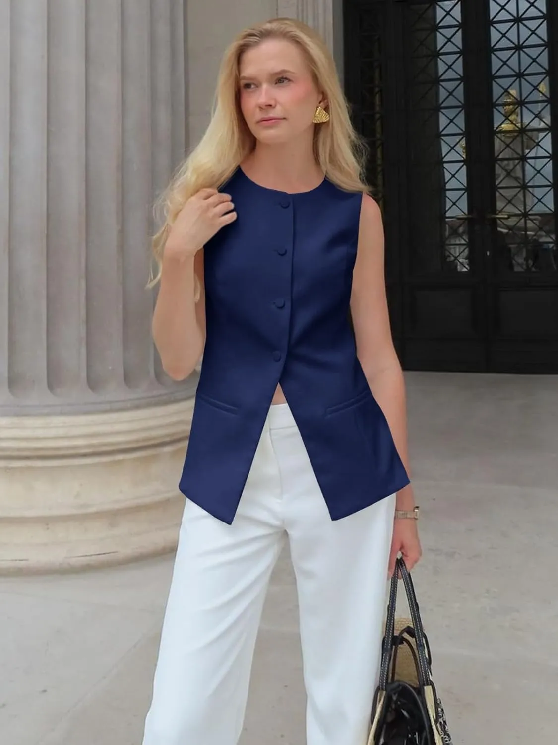 Cicy Bell Womens Round Neck Waistcoat Vest Summer Button up Vest Tops Casual Business Fitted Sleeveless Blazer
