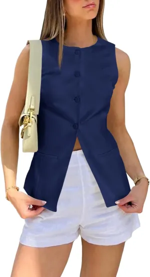 Cicy Bell Womens Round Neck Waistcoat Vest Summer Button up Vest Tops Casual Business Fitted Sleeveless Blazer