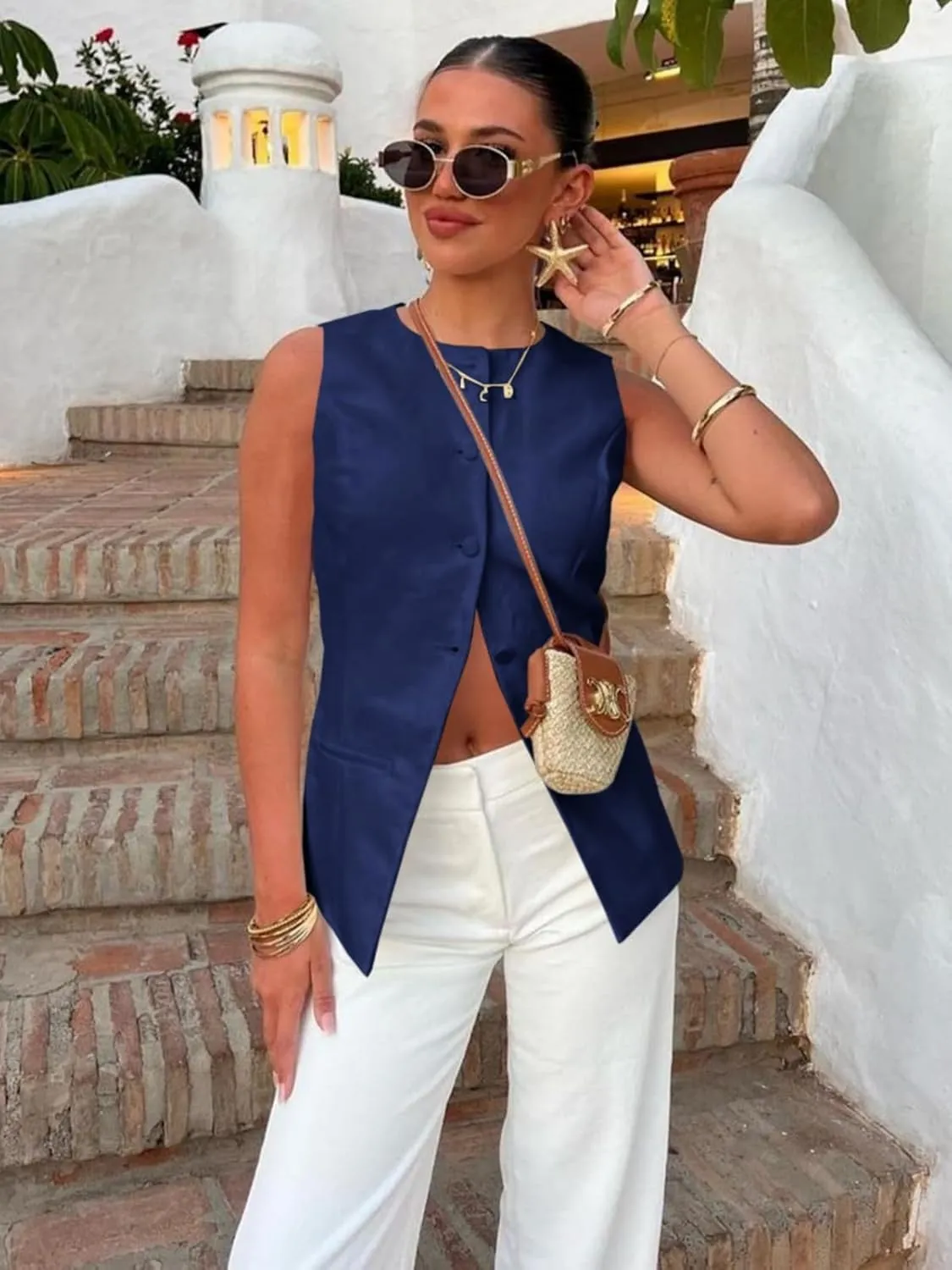 Cicy Bell Womens Round Neck Waistcoat Vest Summer Button up Vest Tops Casual Business Fitted Sleeveless Blazer