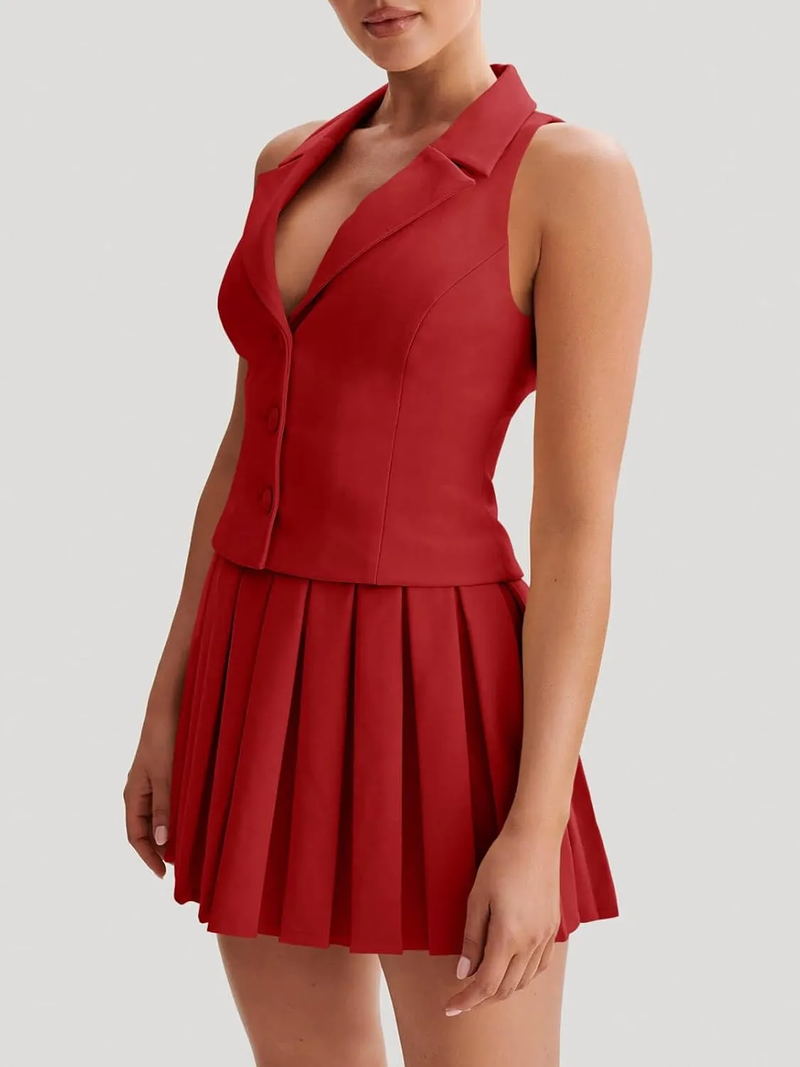 Cicy Bell Womens Summer 2 Piece Outfits V Neck Blazer Vest Matching Sets and Mini Pleated Skirts