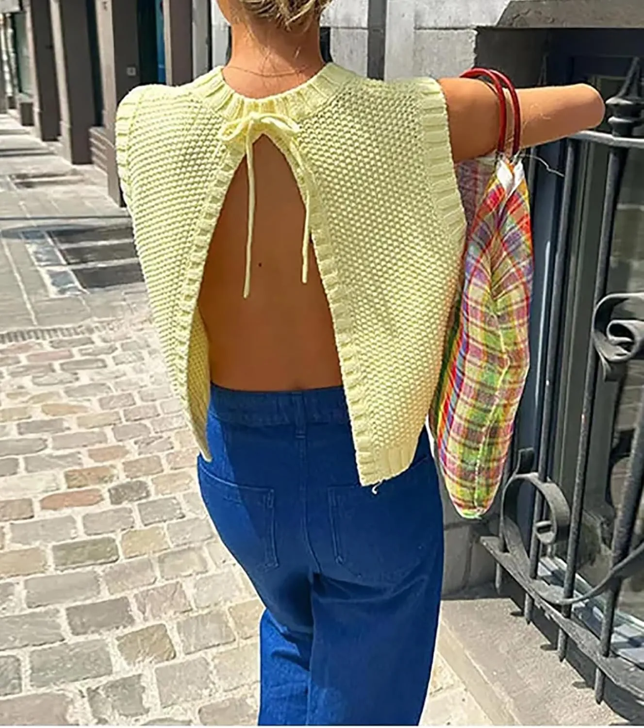 Cioatin Women Y2K Backless Tie Up Knit Crop Sweater Vest Sleeveless Round Neck Split Open Back Pullover Summer Tank Tops