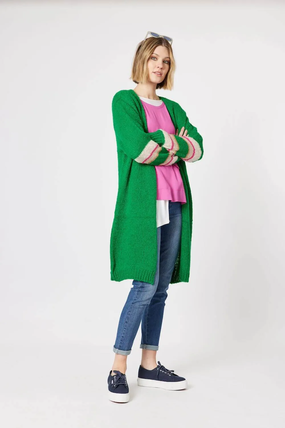 Clarity Piper Stripe Sleeve Cardi in Green