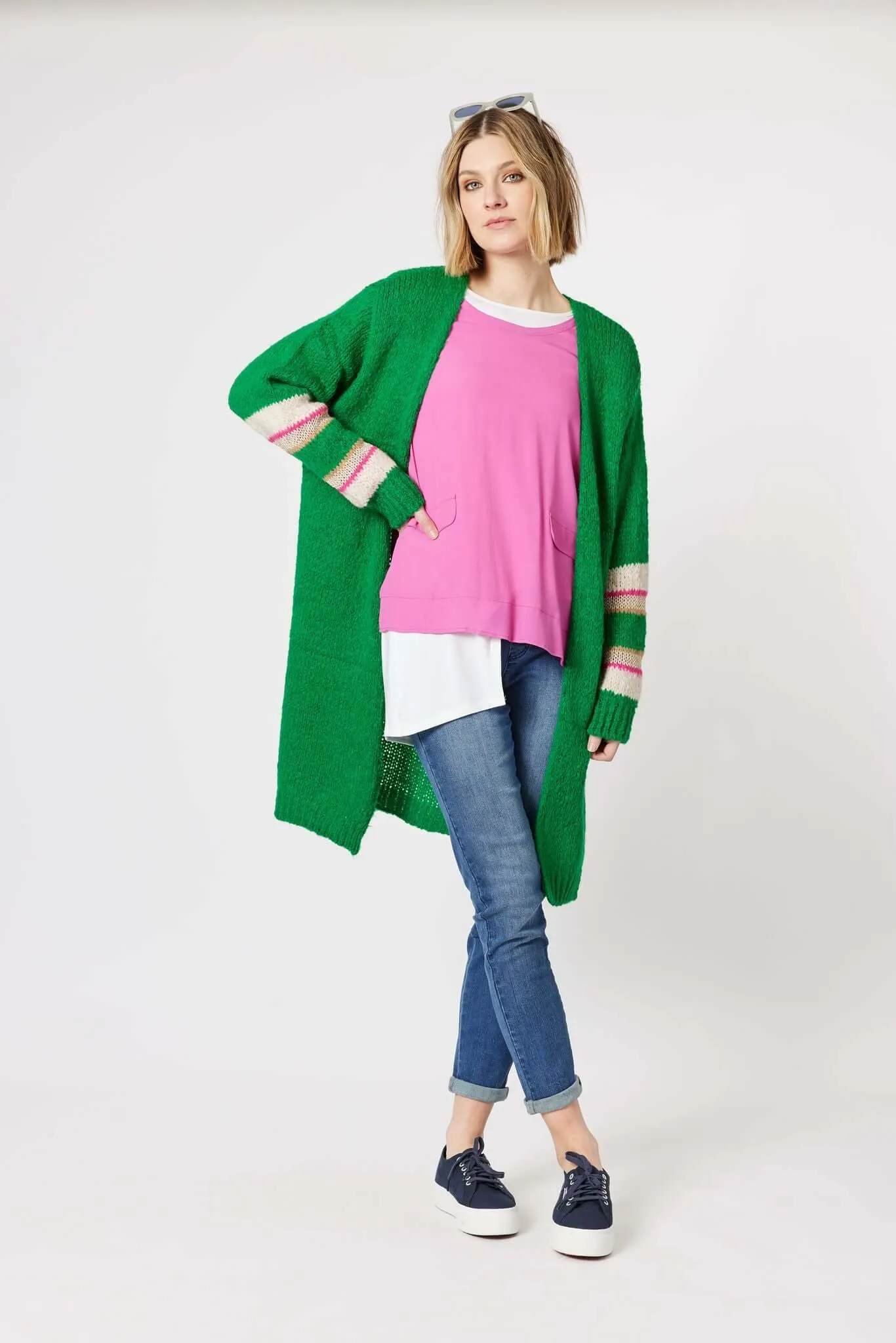 Clarity Piper Stripe Sleeve Cardi in Green