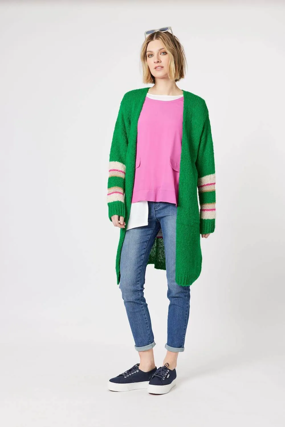 Clarity Piper Stripe Sleeve Cardi in Green