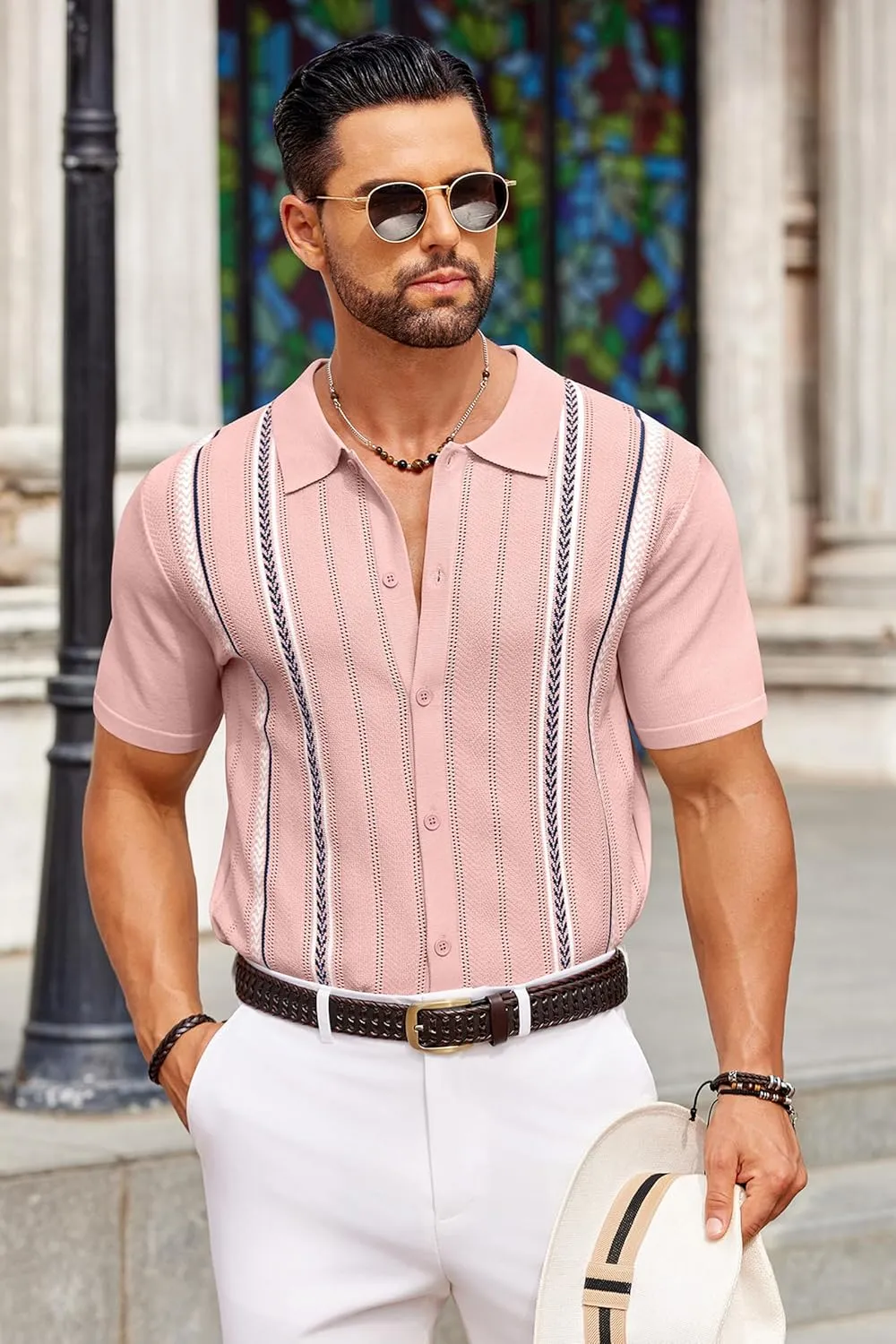 COOFANDY Knit Shirts for Men Casual Short Sleeve Button Down Shirts Summer Beach Stretch Fit Collared Shirts