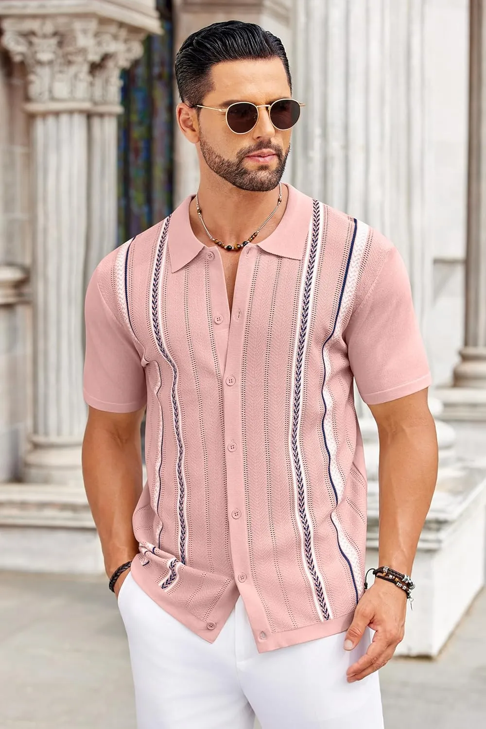 COOFANDY Knit Shirts for Men Casual Short Sleeve Button Down Shirts Summer Beach Stretch Fit Collared Shirts