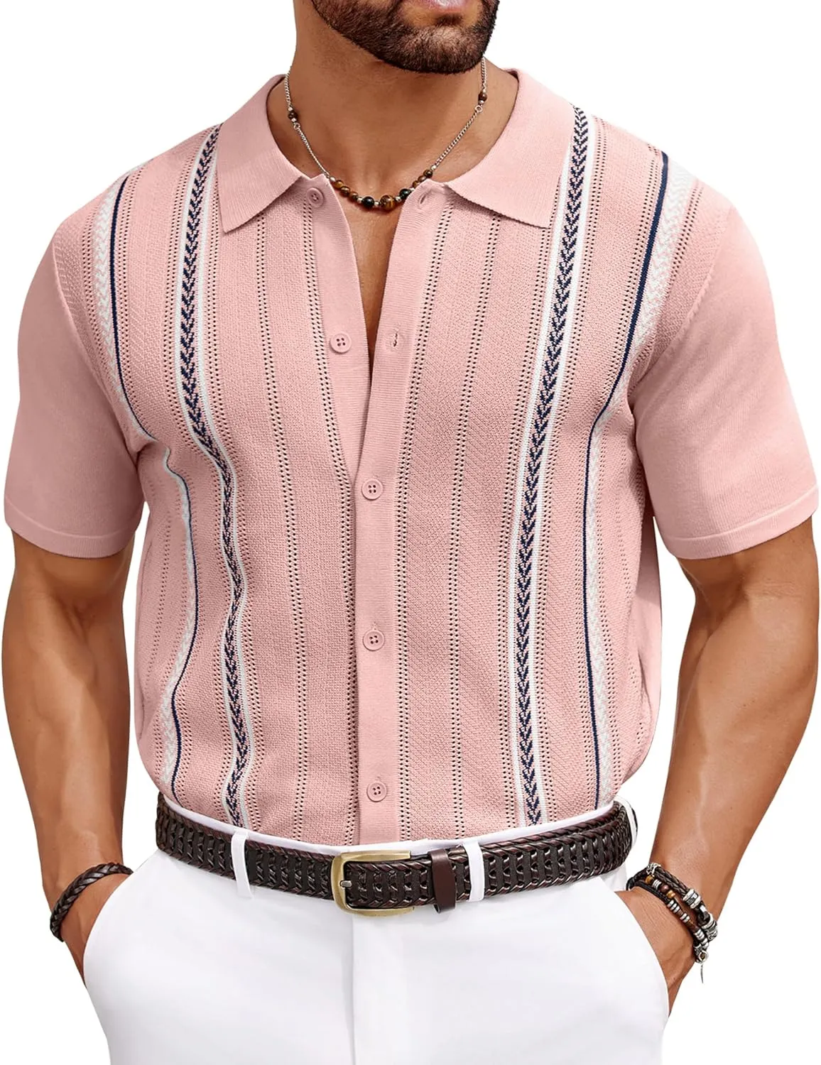 COOFANDY Knit Shirts for Men Casual Short Sleeve Button Down Shirts Summer Beach Stretch Fit Collared Shirts