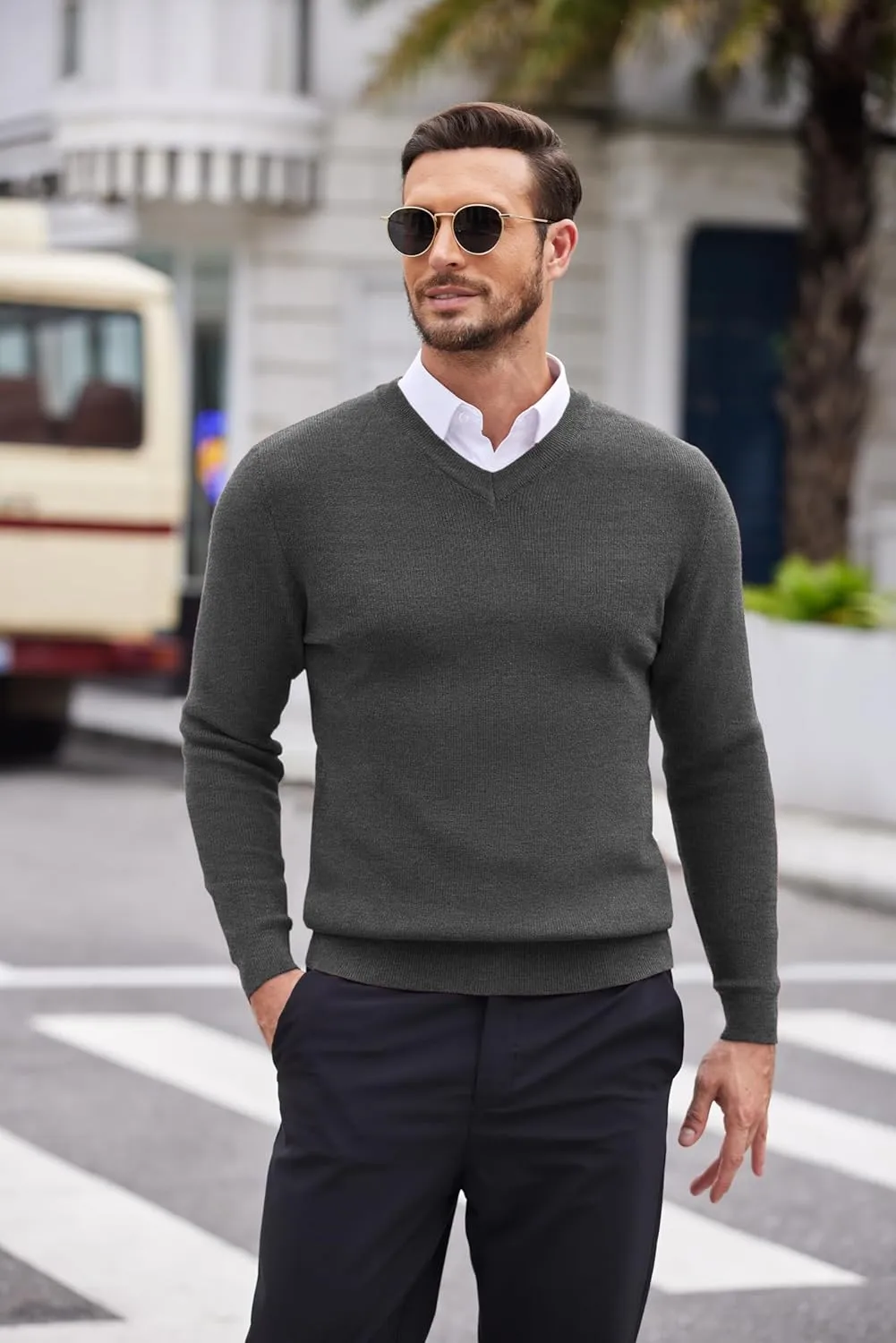 COOFANDY Men V Neck Dress Sweater Knit Long Sleeve Casual Slim Fit Pullover Sweater