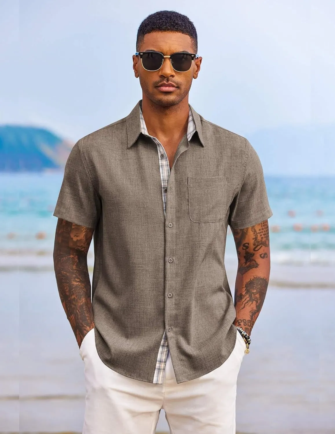 COOFANDY Men's Button Down Shirts Short Sleeve Casual Shirts Summer Beach Shirts Vacation Wedding Shirts with Pocket