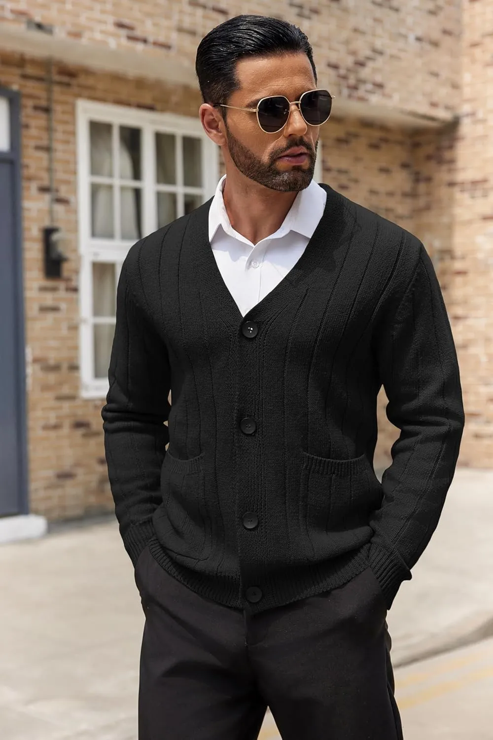 COOFANDY Men's Cardigan Sweater Cable Knit V Neck Button up Sweaters Ribbed Cardigan Sweater with Pockets