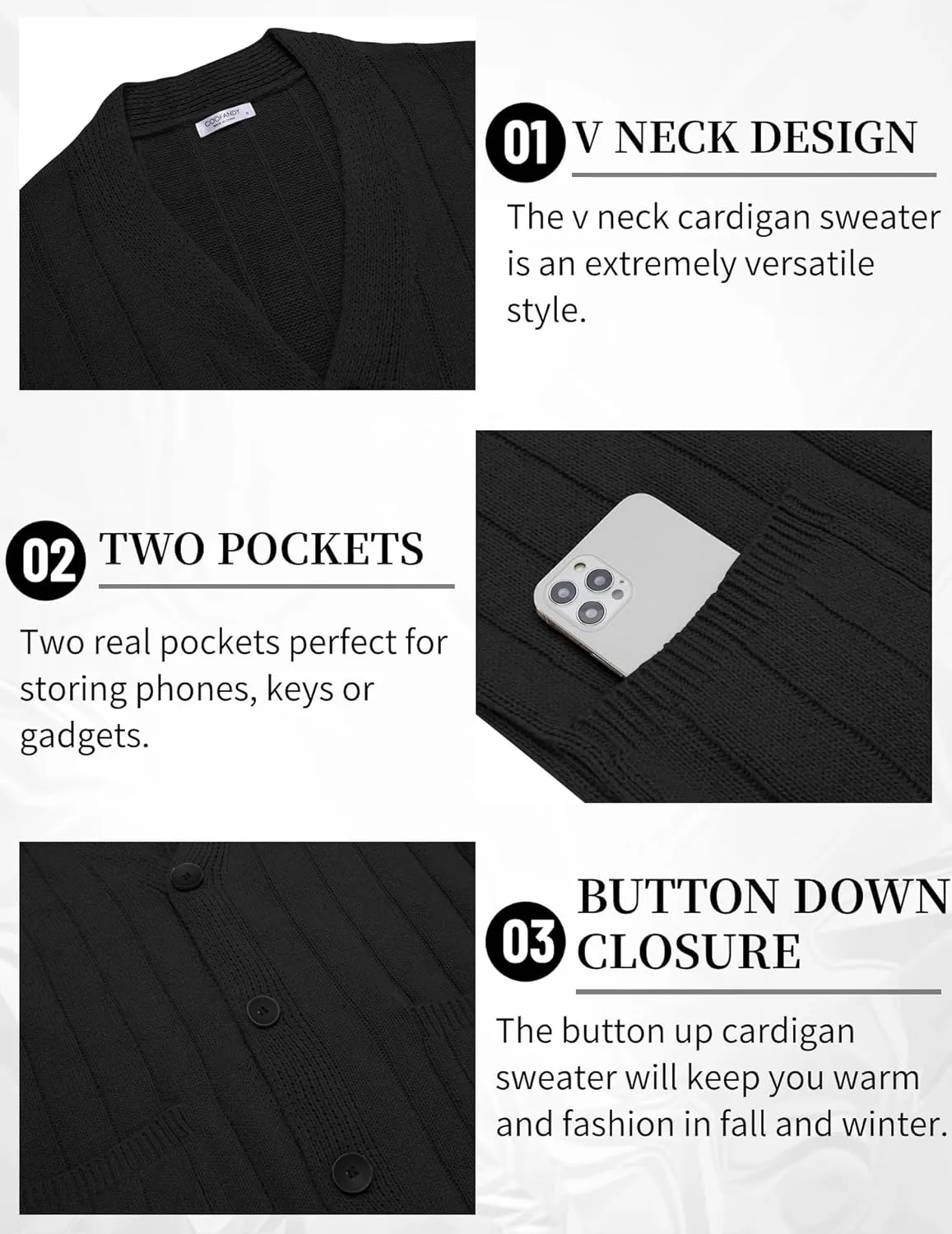COOFANDY Men's Cardigan Sweater Cable Knit V Neck Button up Sweaters Ribbed Cardigan Sweater with Pockets