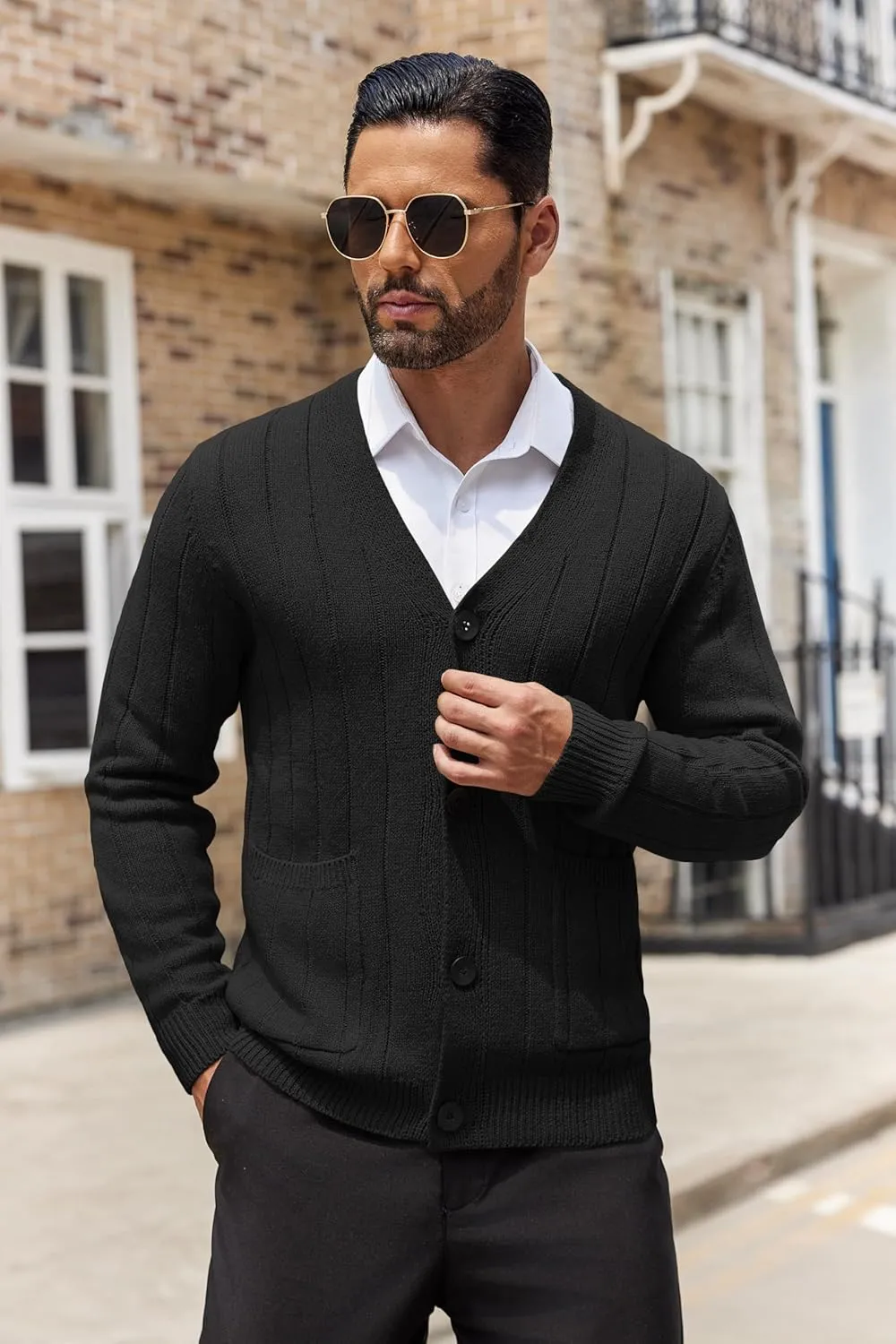 COOFANDY Men's Cardigan Sweater Cable Knit V Neck Button up Sweaters Ribbed Cardigan Sweater with Pockets