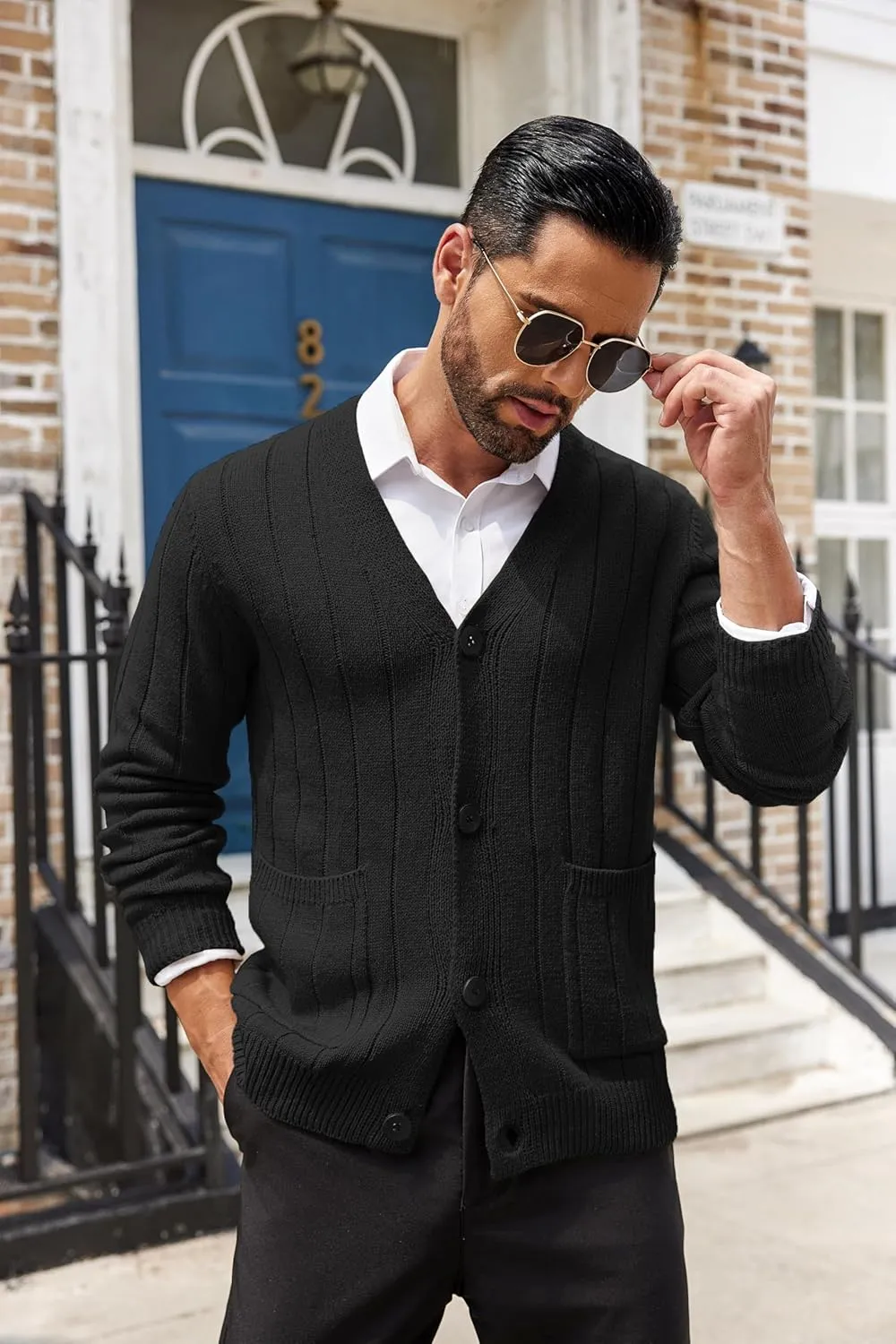 COOFANDY Men's Cardigan Sweater Cable Knit V Neck Button up Sweaters Ribbed Cardigan Sweater with Pockets