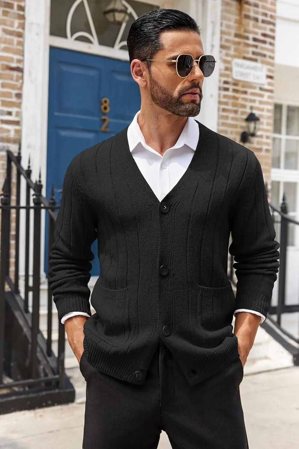 COOFANDY Men's Cardigan Sweater Cable Knit V Neck Button up Sweaters Ribbed Cardigan Sweater with Pockets