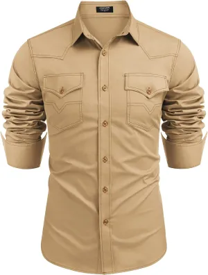 COOFANDY Men's Western Cowboy Shirts Long Sleeve Cotton Casual Button Down Work Shirt with Pockets