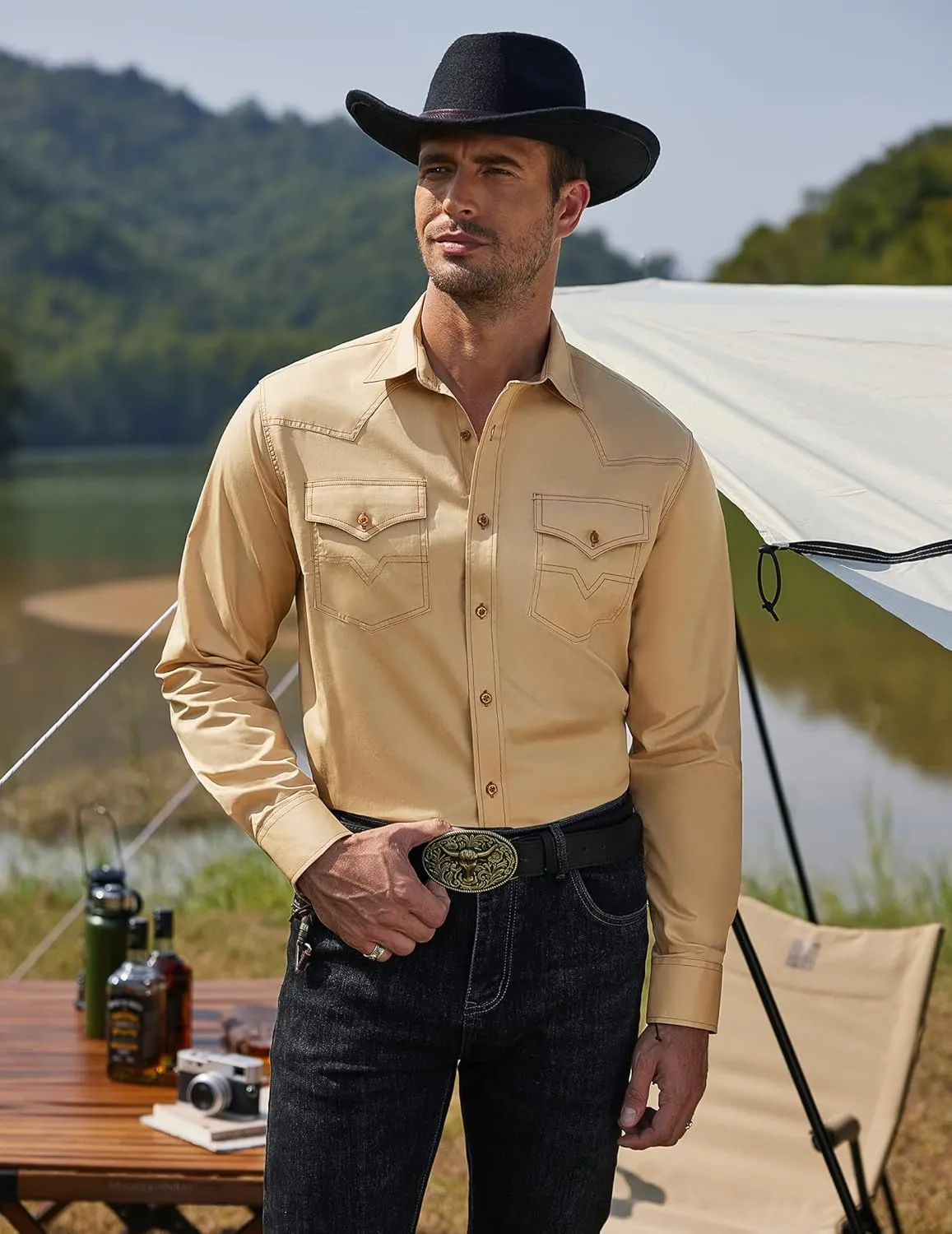COOFANDY Men's Western Cowboy Shirts Long Sleeve Cotton Casual Button Down Work Shirt with Pockets