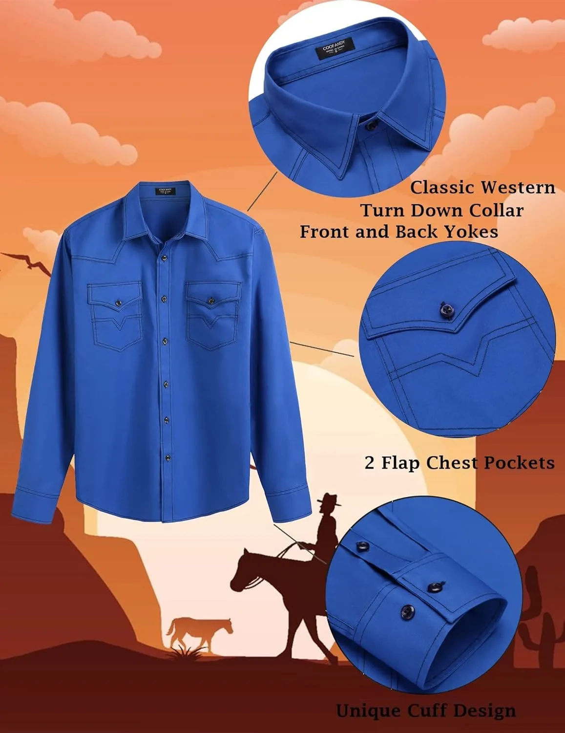 COOFANDY Men's Western Cowboy Shirts Long Sleeve Cotton Casual Button Down Work Shirt with Pockets