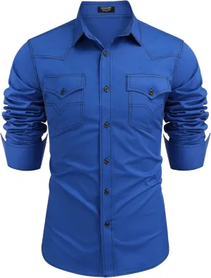 COOFANDY Men's Western Cowboy Shirts Long Sleeve Cotton Casual Button Down Work Shirt with Pockets