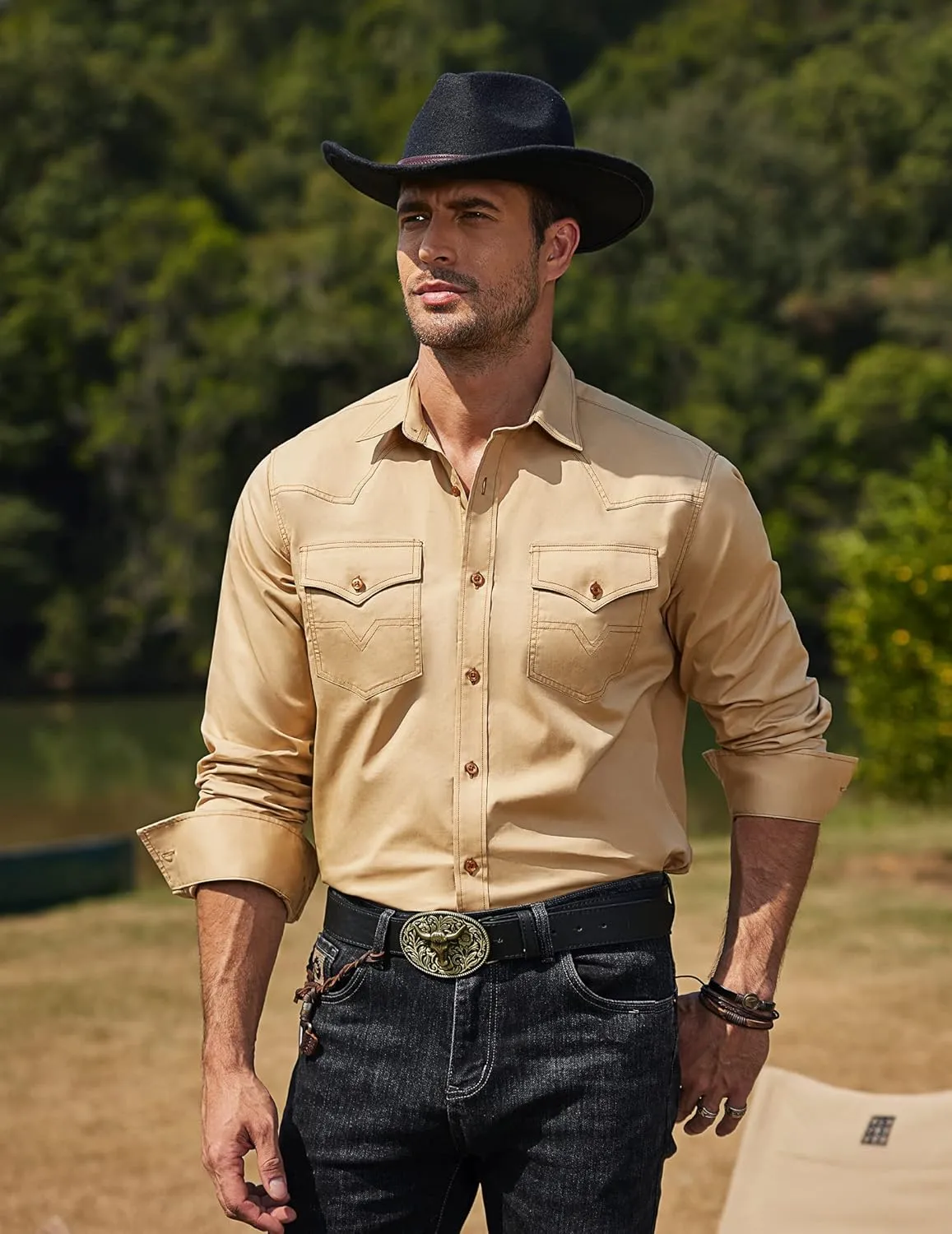 COOFANDY Men's Western Cowboy Shirts Long Sleeve Cotton Casual Button Down Work Shirt with Pockets