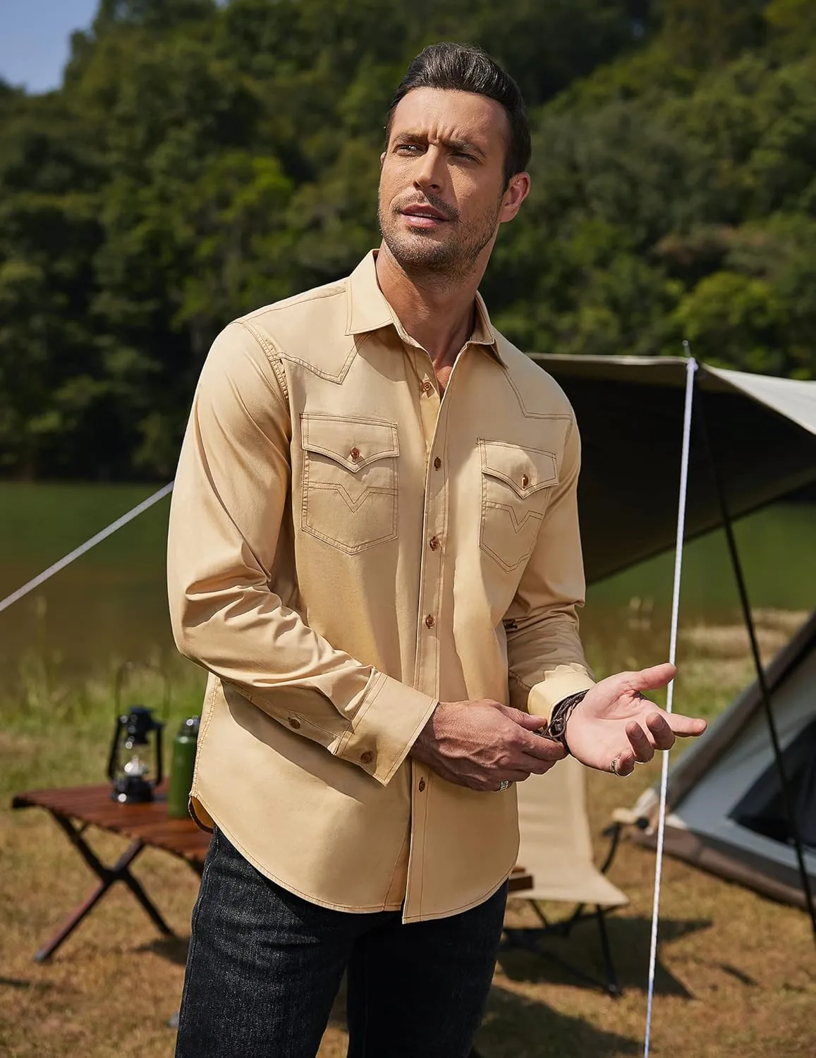 COOFANDY Men's Western Cowboy Shirts Long Sleeve Cotton Casual Button Down Work Shirt with Pockets