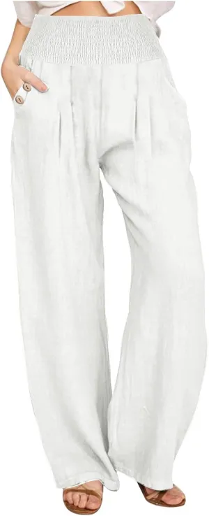 Cotton and Linen Pants for Womens High Waist Stretch Soft Pleated Trousers Summer Beach Lounge Pant with Pockets