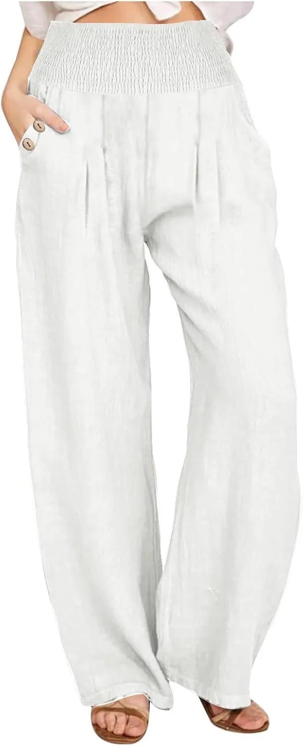 Cotton and Linen Pants for Womens High Waist Stretch Soft Pleated Trousers Summer Beach Lounge Pant with Pockets